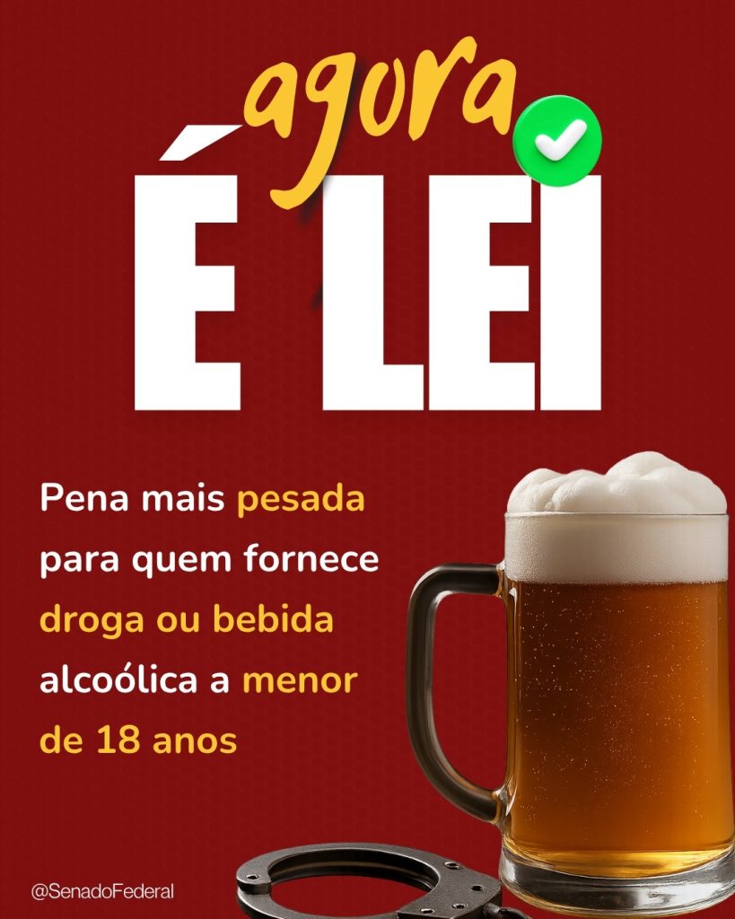 Lei aumenta a pena para quem fornecer drogas ou bebidas alcoólicas a crianças ou adolescentes.